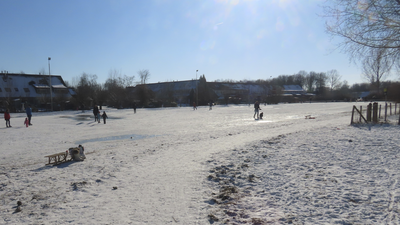 901322 Gezicht op de Meernse IJsbaan, met enkele schaatsers en spelende kinderen, in het Kloosterpark te De Meern ...